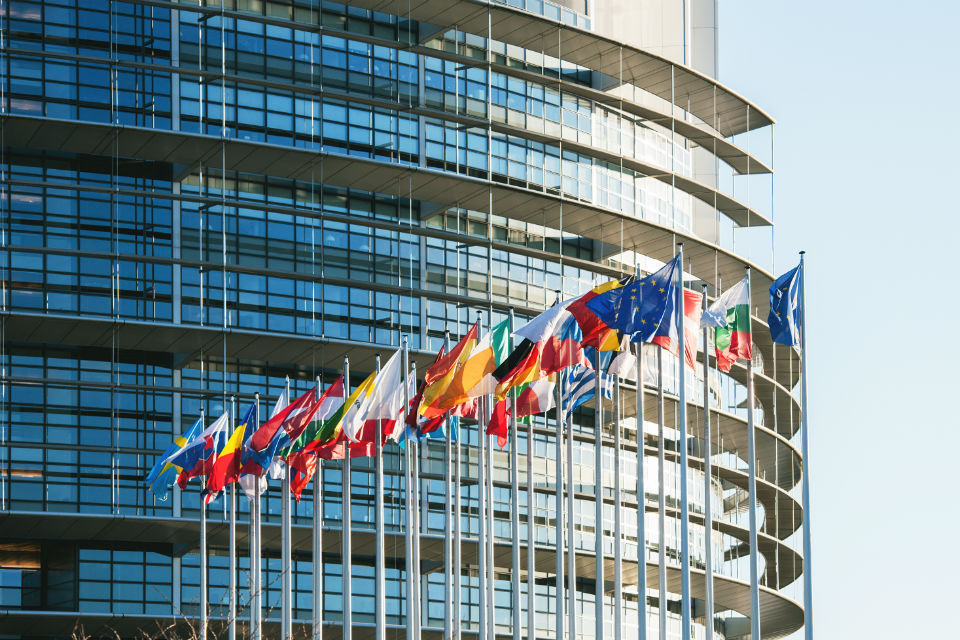 EU Flags in front of the European Parliament