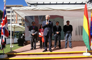 Ambassador to Bolivia James Thornton delivering speech during Queen's Birthday Party 2017