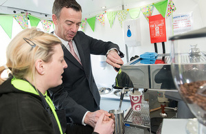 Sellafield Ltd’s Martin Chown is shown the ropes in the brand new coffee van