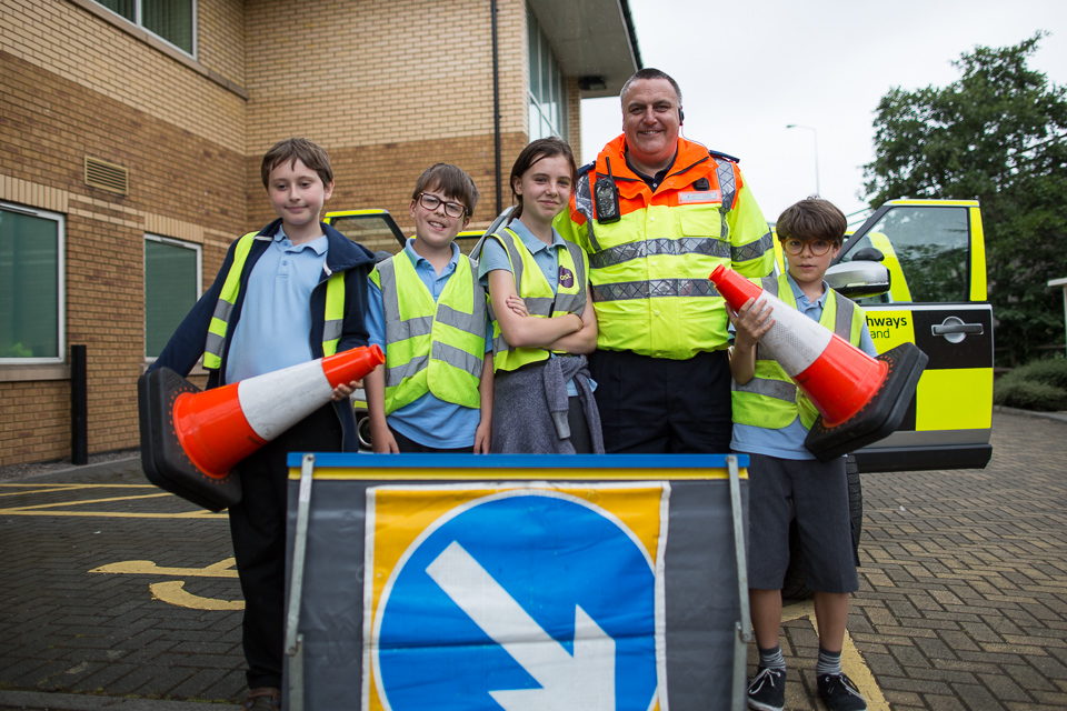 image of Traffic Officer and St Werburgh’s pupils at Highways England’s Regional Control Centre