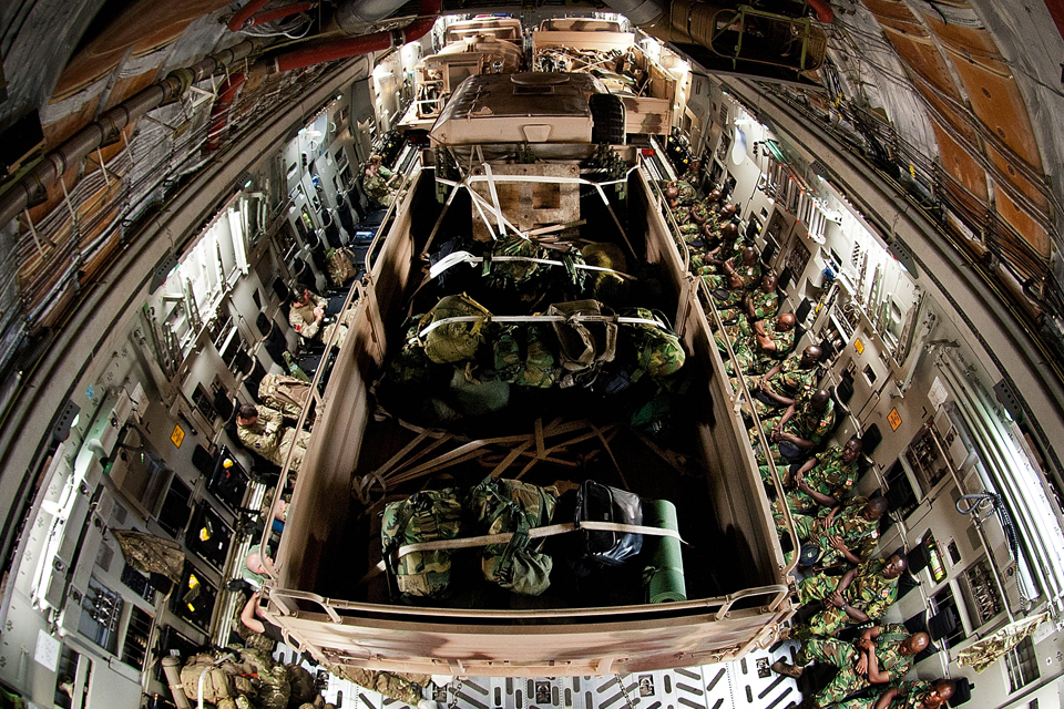 A fully loaded RAF 99 Squadron C-17 aircraft
