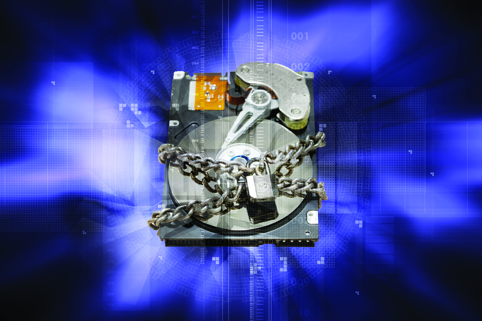 Cyber security infographic showing hard drive from a computer enchained