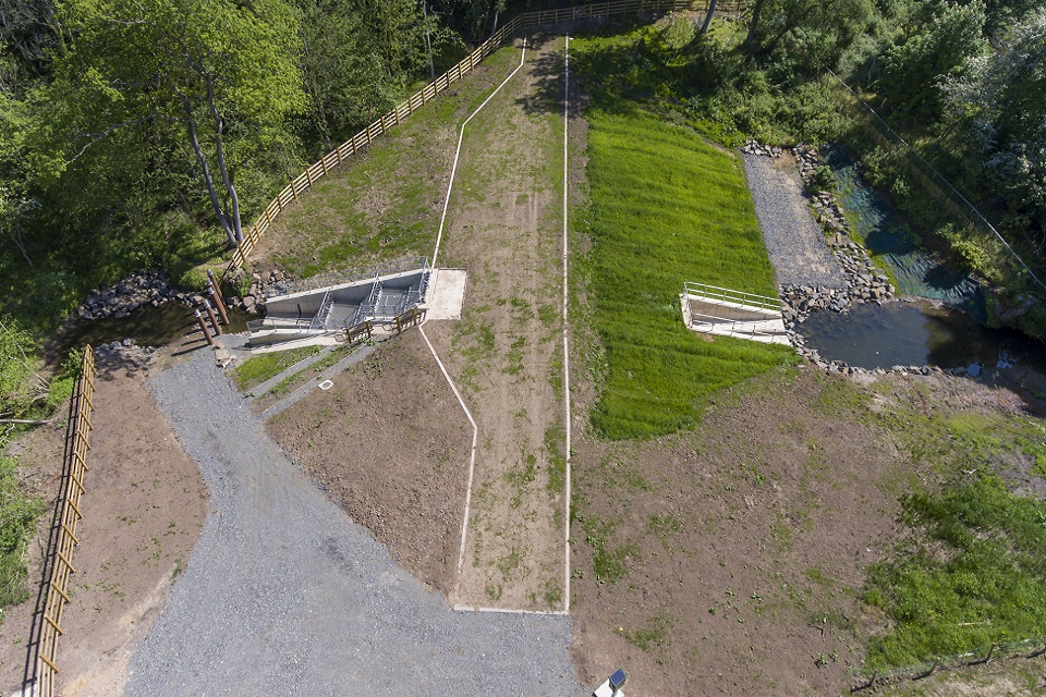 Image shows aerial shot of the Cotting Burn dam 