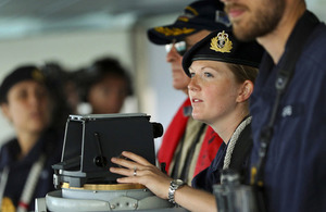 HMS Duncan's Navigating Officer, Lieutenant Jen Cory, guiding the ship into the port of Odessa.
