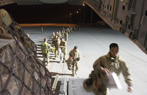 Soldiers from 1st Battalion The Royal Gurkha Rifles boarding an RAF C-17 to start their journey back to the UK [Picture: Corporal Jamie Peters, Crown copyright]