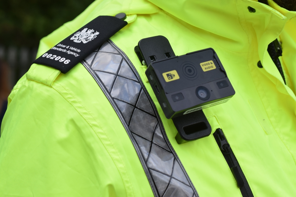 DVSA enforcement officer wearing a body warn camera