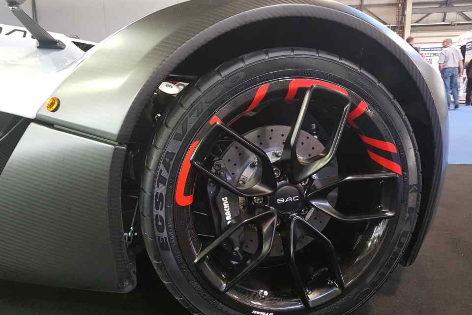 Close-up of BAC Mono wheel incorporating carbon-ceramic brake disc.