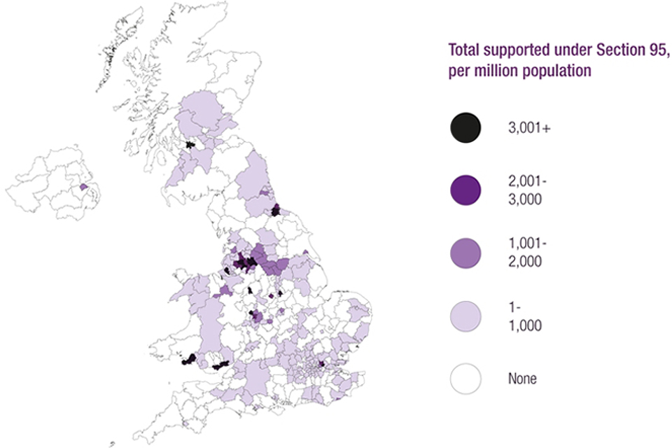 This map shows the number of asylum seekers in receipt of Section 95 support, by local authority, per million population, as at end of 2016.