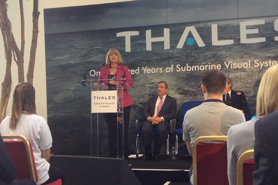 Defence Minister Harriett Baldwin speaking at Thales today.