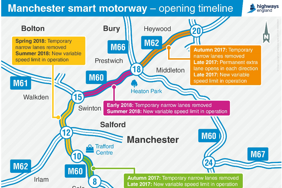 Map showing Manchester Smart Motorway opening timeline
