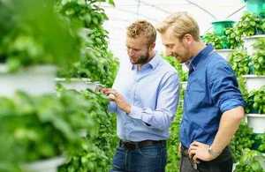 Alex Fisher (founder and CEO of Saturn Bioponics) on left, looking at hydroponically grown crops with Arnoud Witteveen, (research, development and technical support)