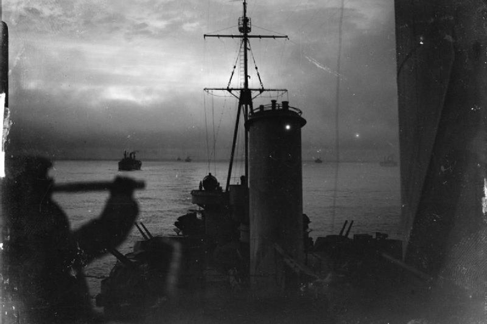 View from the cruiser HMS Sheffield during an Arctic Convoy escort patrol