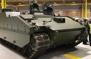 The new Ares protected mobility vehicle, part of the Ajax family of armoured vehicles, on show at the factory in Merthyr Tydfil.