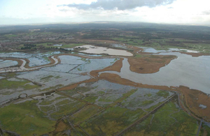 Aerial photograph showing the Moors area of Poole Harbour during winter flooding