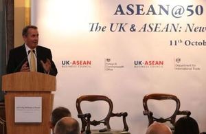 Dr Liam Fox speaking at ASEAN@50 Business Forum