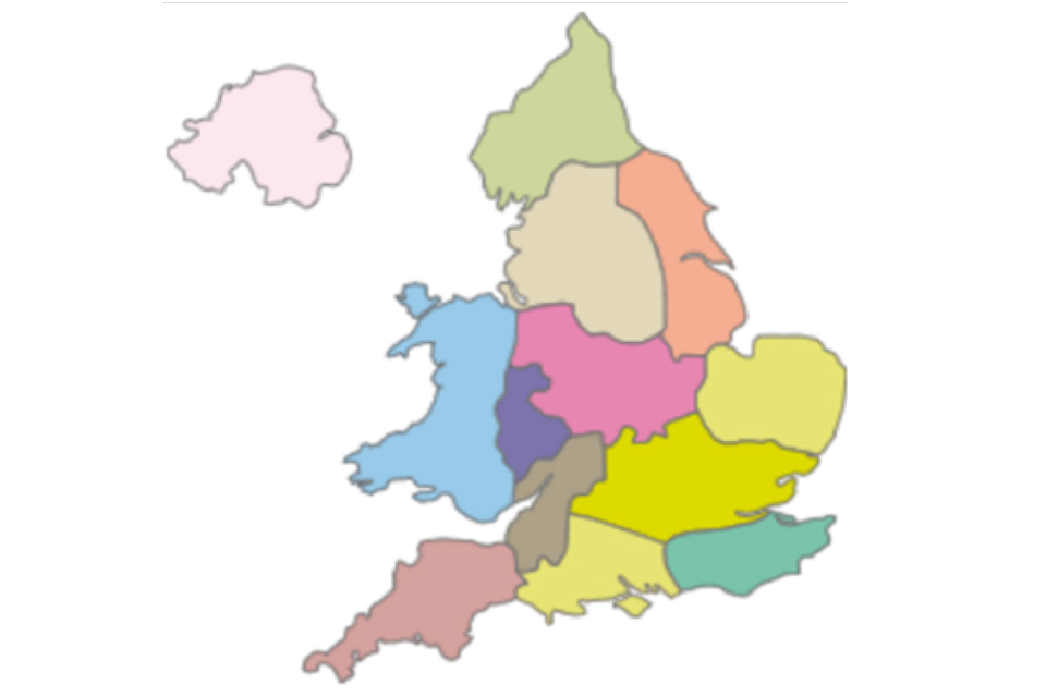 A map of the 13 regions across England, Wales and Northern Ireland that will have geological information made available.