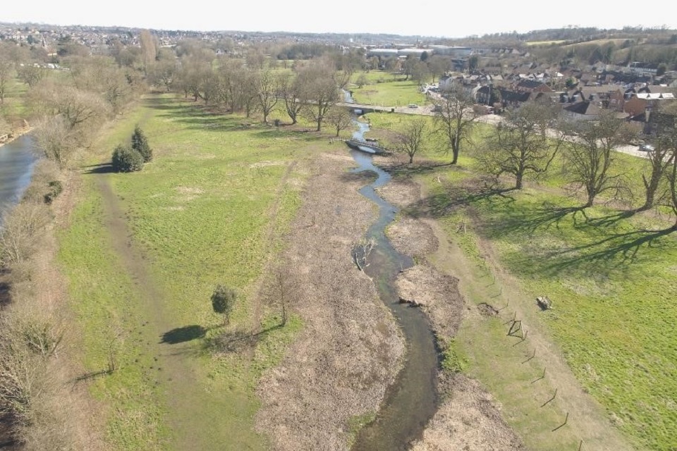 An aerial photo showing the restored river after the project works.