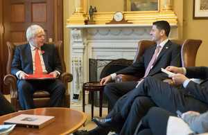 Foreign Secretary Boris Johnson speaking with Paul Ryan, Speaker of the United States House of Representatives