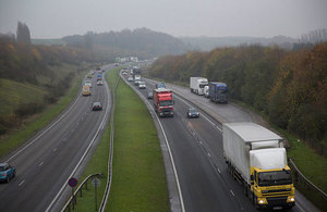 Cars and lorries on a motorway in Kent.