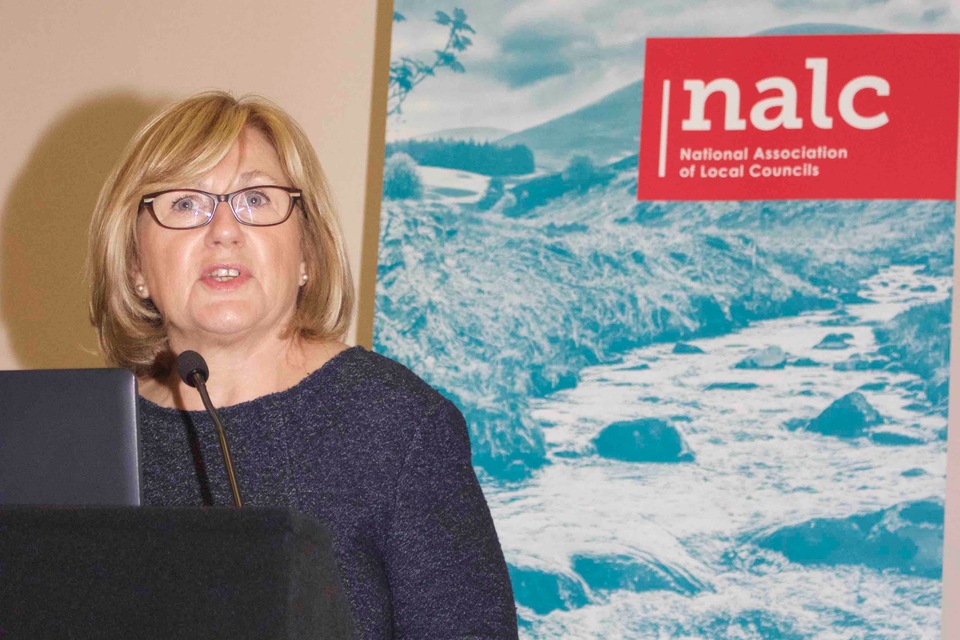 Dr Jane Martin CBE speaking in front of an NALC banner