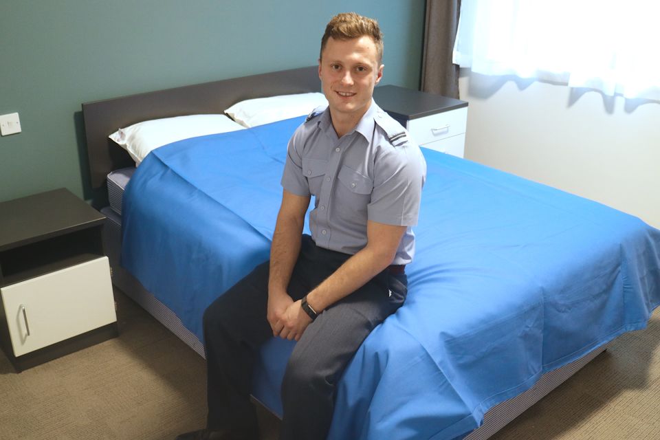 Flying Officer Niall Dowse in one of the new bedrooms provided for military medics at Longbridge. Crown Copyright MOD 2017. All rights reserved.