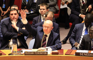 Russian representative raising his hand to veto the vote.