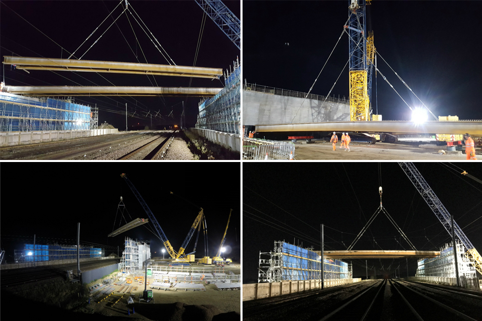 Images showing steel girders being lifted over the East Coast Main Line railway