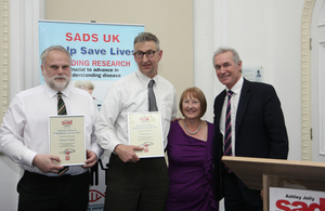 Lifesavers Rob Nichols and Marcus Fry receiving their SADS UK National Lifesaver Award from Anne Jolly MBE and SADS UK Patron Dr Hilary Jones