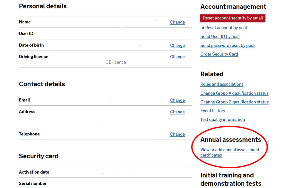 A screenshot of the MOT testing service showing where to record annual assessments.