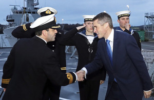Defence Secretary Gavin Williamson is welcomed aboard HMS Sutherland. Crown copyright.