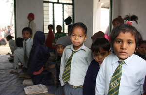Pupils at the Manakamana Primary School in Kailali, inside their new school building. Picture: Robert Stansfield/DFID