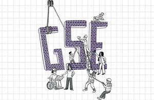 Illustration of scientists building the word GSE (detail from report front cover)