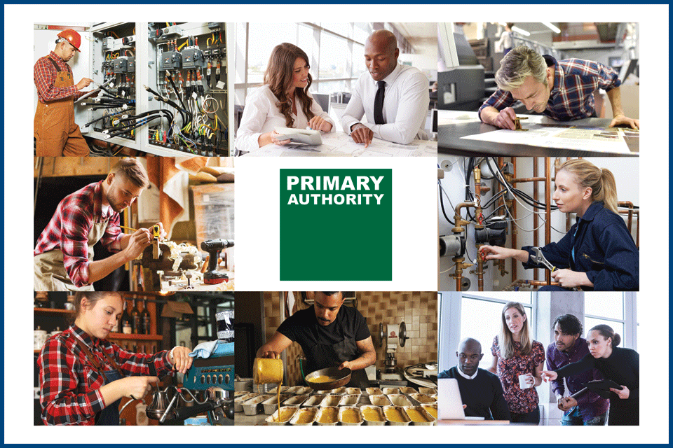 This montage of images around the Primary Authority logo shows people at work: an electrician, carpenter, baker, barista, printer, plumber and people in two offices.