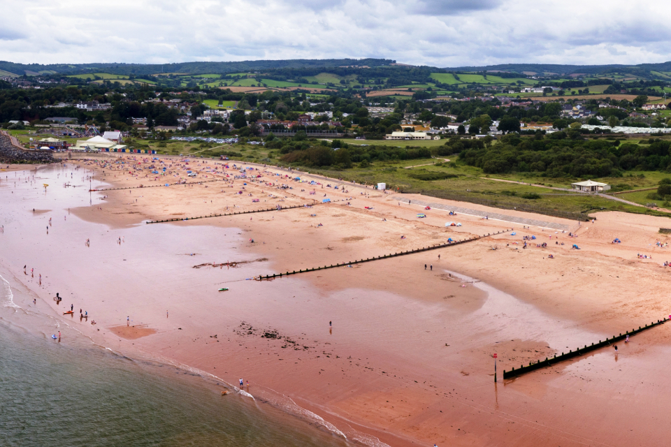 An aerial view of Dawlish Warren, showing the improved timber groynes along the beach