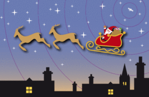 Vintage Santa being tracked through the sky