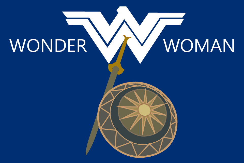 Graphic of sword and shield below the Wonder Woman logo