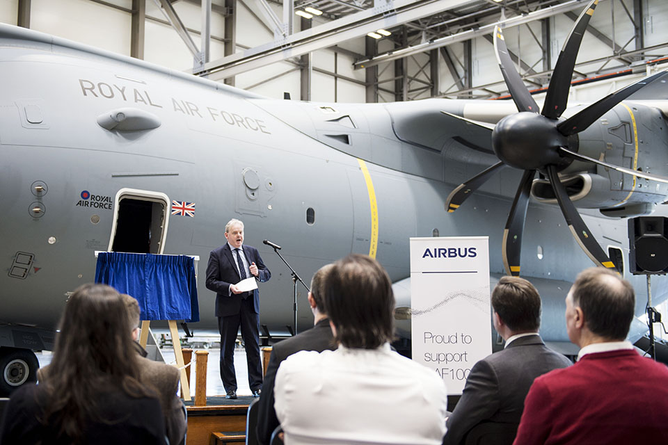 A £70 million hangar large enough to contain three of the RAF’s new Atlas transport aircraft at the same time was officially opened by Defence Minister Guto Bebb at RAF Brize Norton today. Crown copyright.