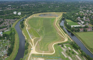 An aerial view of Salford's new £10m flood defence and urban wetland