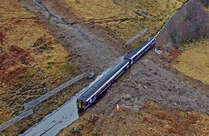 Aerial image of the landslip and derailed train