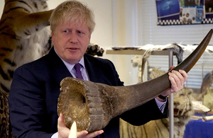 The Foreign Secretary, Boris Johnson, holding a large rhino horn.