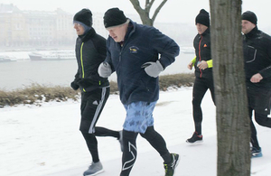 The Foreign Secretary running with Foreign Minister Szijjartò at the start of his visit to Hungary.