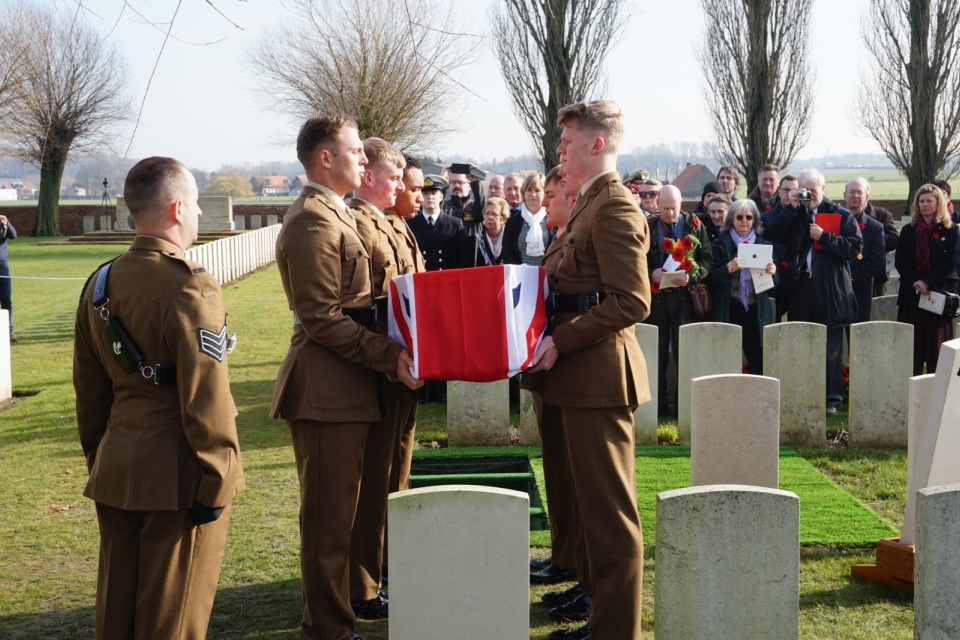 Riflemen from the 3rd Battalion, the Rifles, prepare to lower the coffin of Private Edmundson, Crown Copyright, All rights reserved