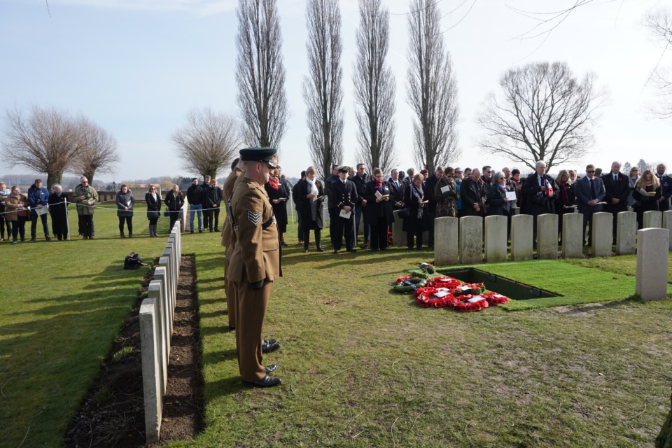 Riflemen from the 3rd Battalion, the Rifles, stand alongside dignitaries, officials, family members and members of the public during the burial service of Private Edmundson, Crown Copyright, All rights reserved