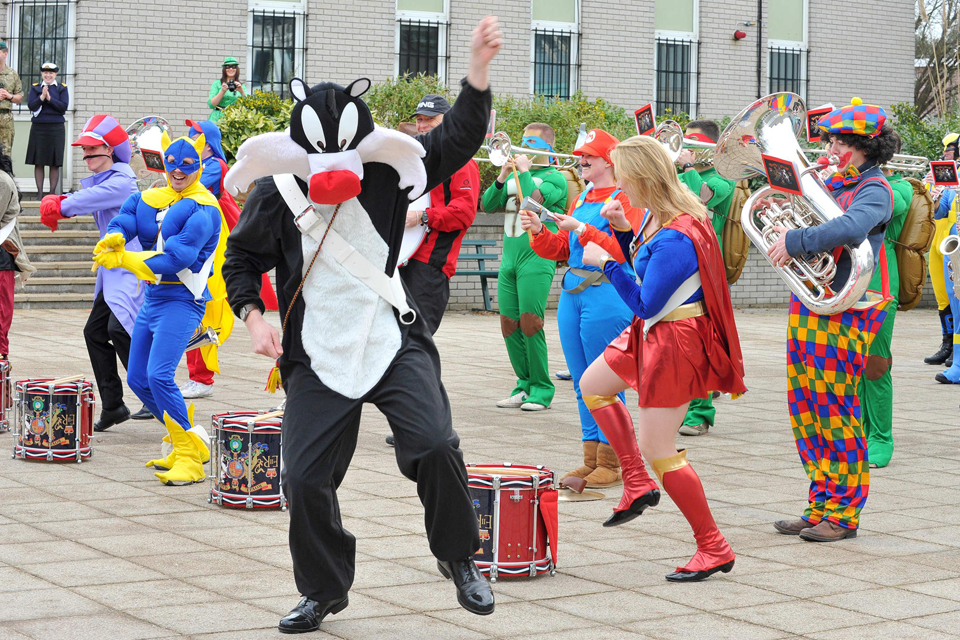 The Royal Marines Commando Training Centre Band in fancy dress for Comic Relief