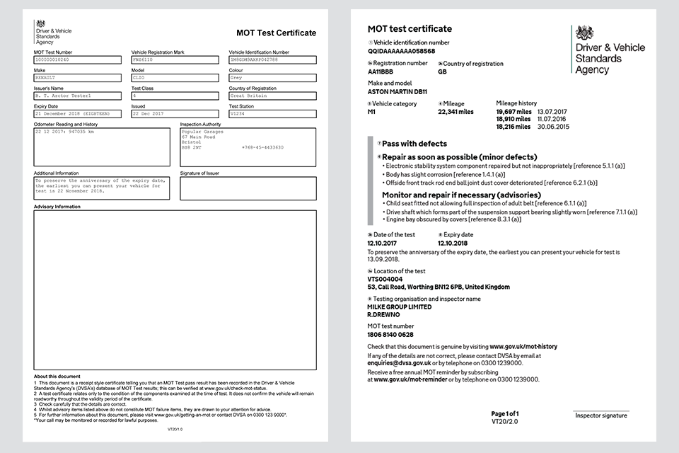 Current and new MOT certificate design