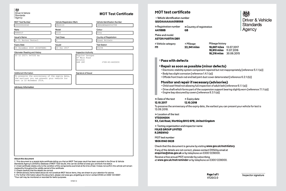 Image showing samples of the current and new MOT certificate design