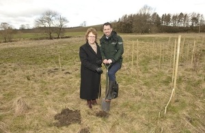 Leader of Leeds City Council, Cllr Judith Blake and Adrian Gill, Area Flood Risk Manager at the Environment Agency, on the site of the first tree.
