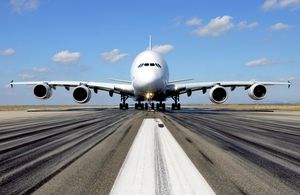 An A-380 Airbus before take-off on the runway