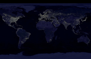 Composite image showing a global view of Earth at night (Credit: NASA/NOAA)
