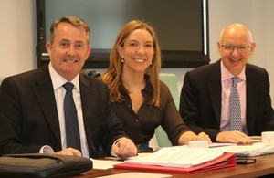 Picture of Dr Liam Fox, Antonia Romeo, and John Mahon.